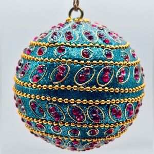 🎄 Beautiful Blue & Gold Beaded Christmas Ornament w/Pink Rhinestones 4” Like New